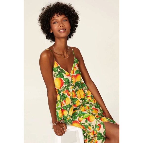 FARM RIO Orange Sands Citrus Print Midi Dress Orange Fruit Novelty Eyelet Linen - Picture 3 of 12